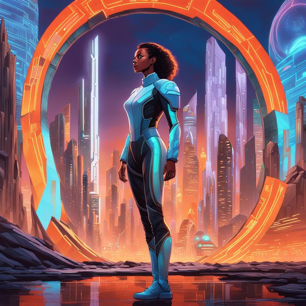 Woman Beside Portal in Futuristic Metropolis