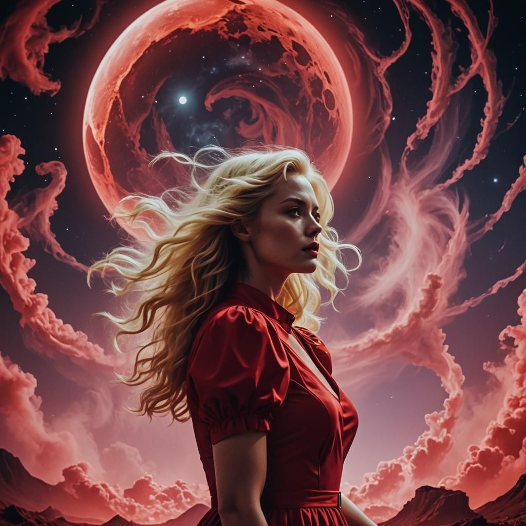 Mother Earth Kisses Crimson Moon in Neon Dreams