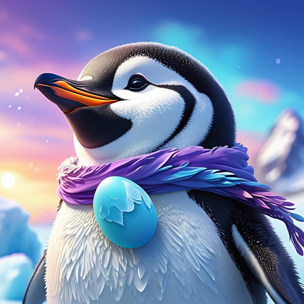 Joyful Penguin with Egg in Antarctica: 3D Anime Art