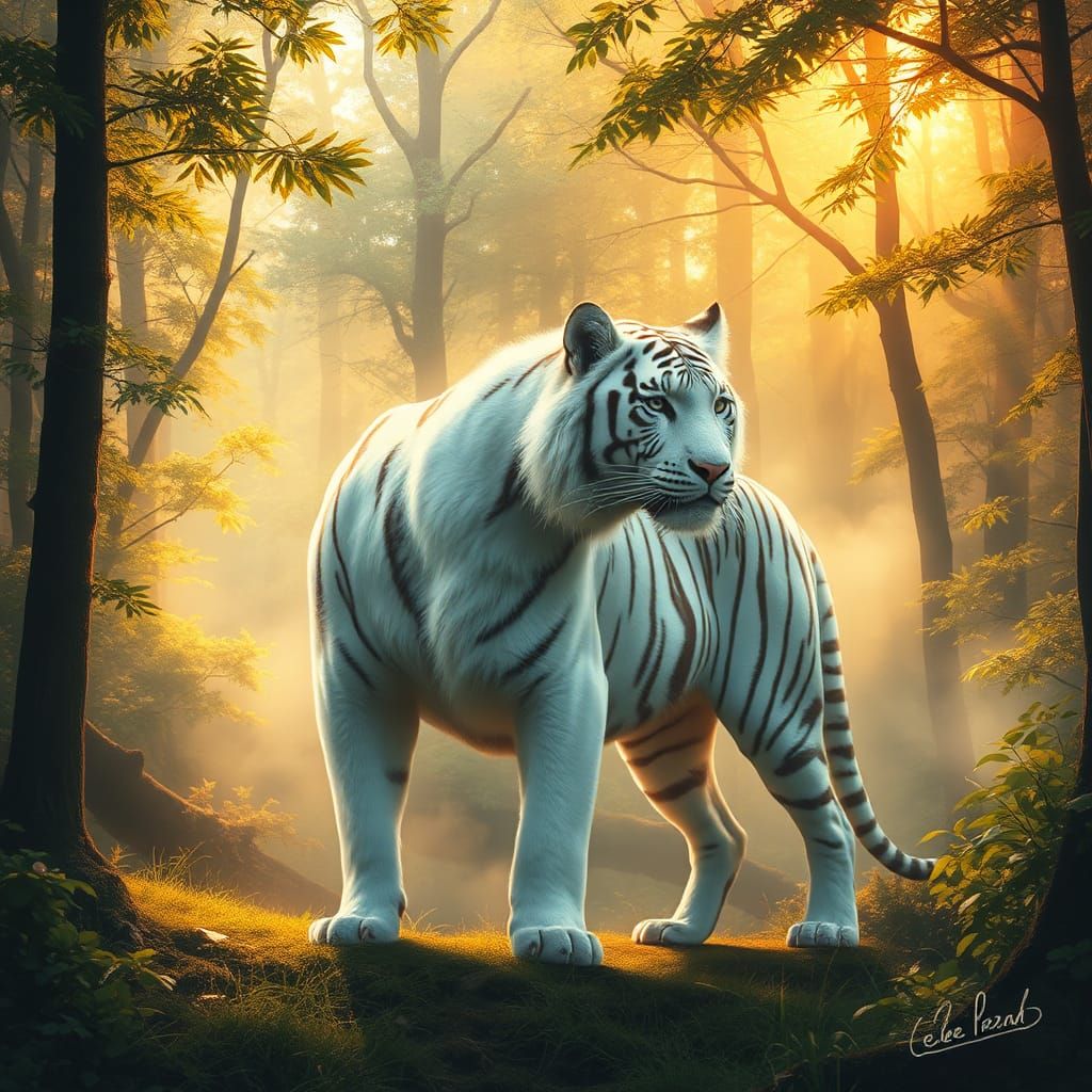 Majestic White Tiger in Misty Forest Landscape