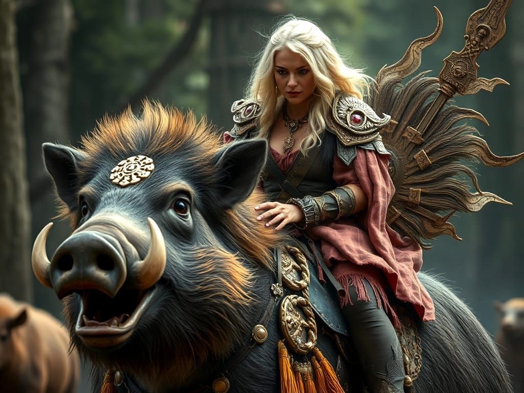 Norse Goddess Rides Golden Battle Boar