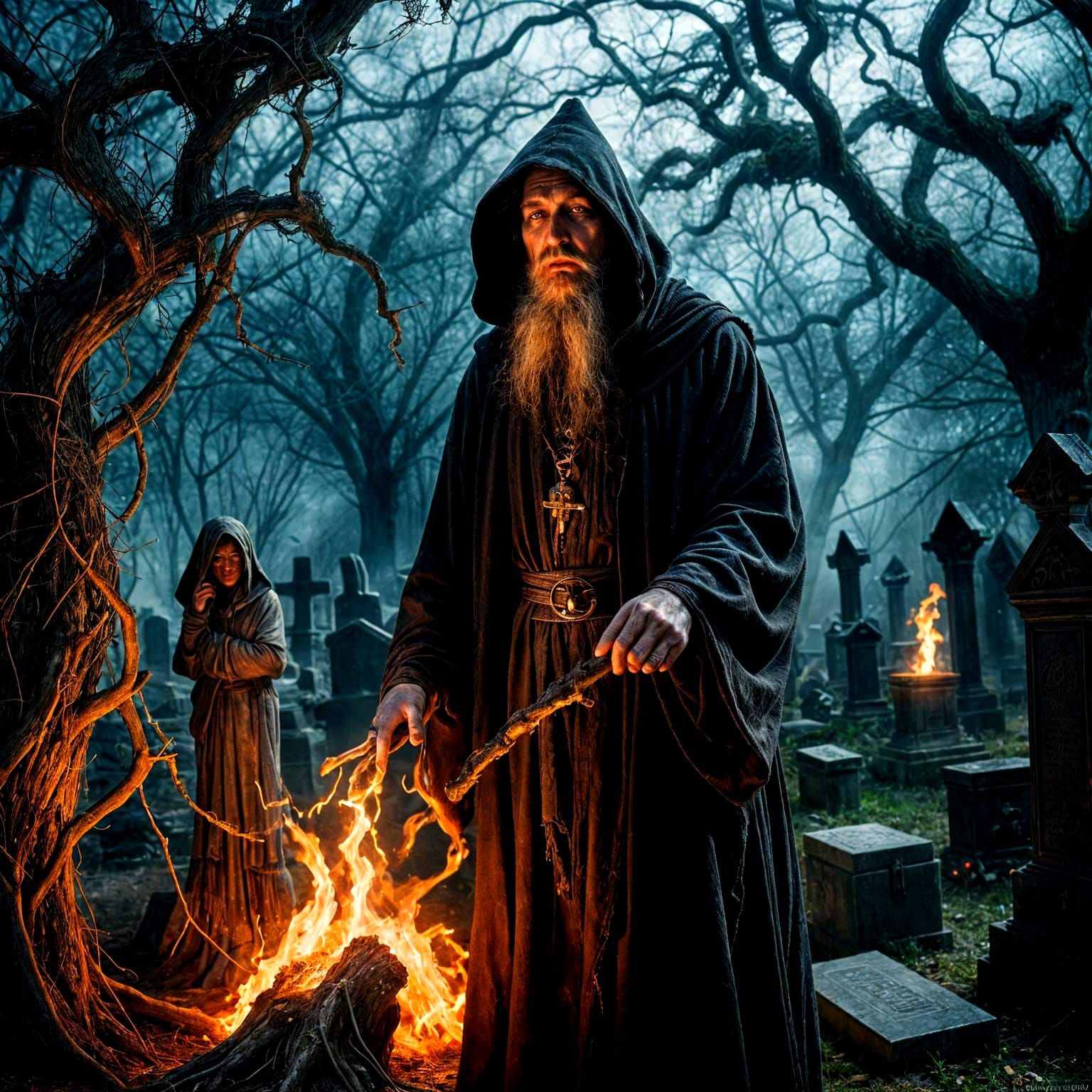 Wizard Unleashes Pyromancy in Gothic Graveyard