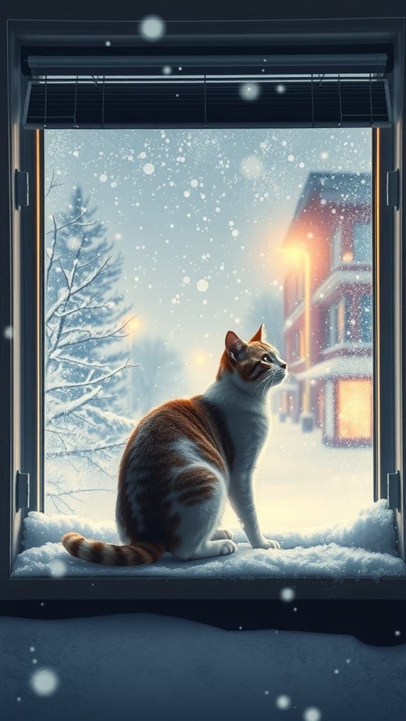 Feline in Snowy Window Scene