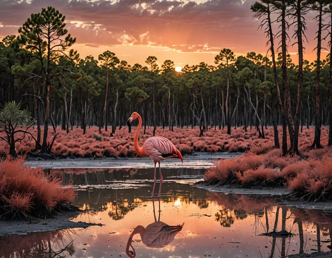 Flamingo at Sunset in Pine Forest