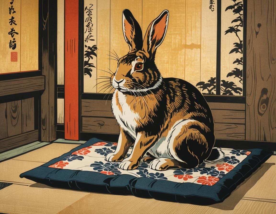 Rabbit on Cushion in Shinto Shrine, Ukiyo-e Style