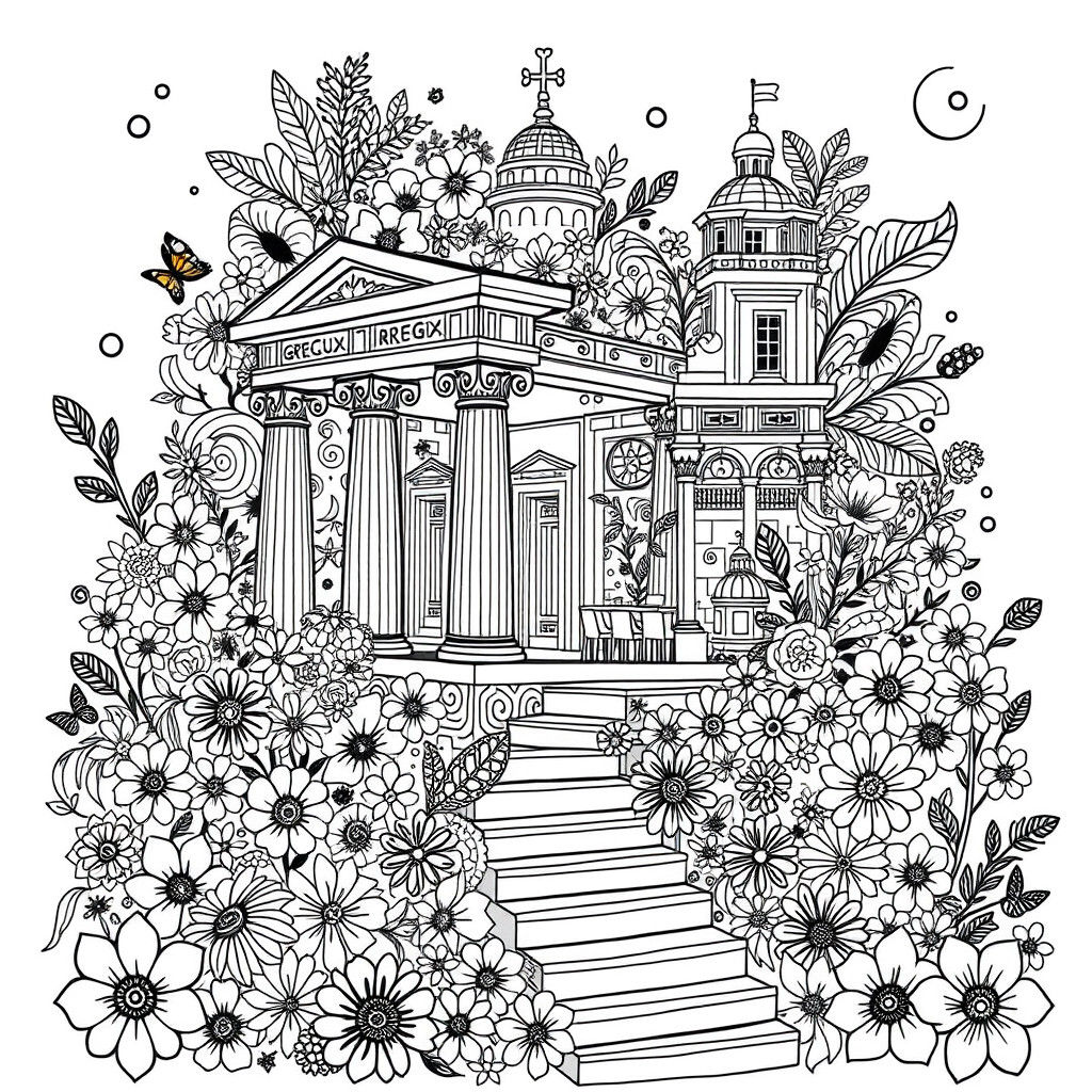 Detailed Doodle Drawing of Greece with Floral Motifs