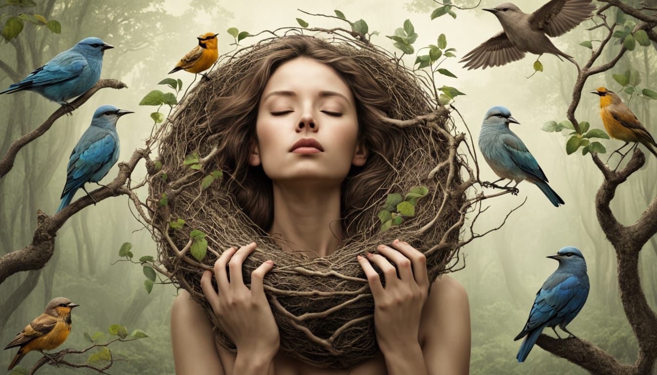 Symbolic Female Figures Connecting with Nature