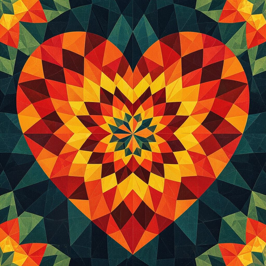 Heart Kaleidoscope in Warm Colors Inspired by Optical Art