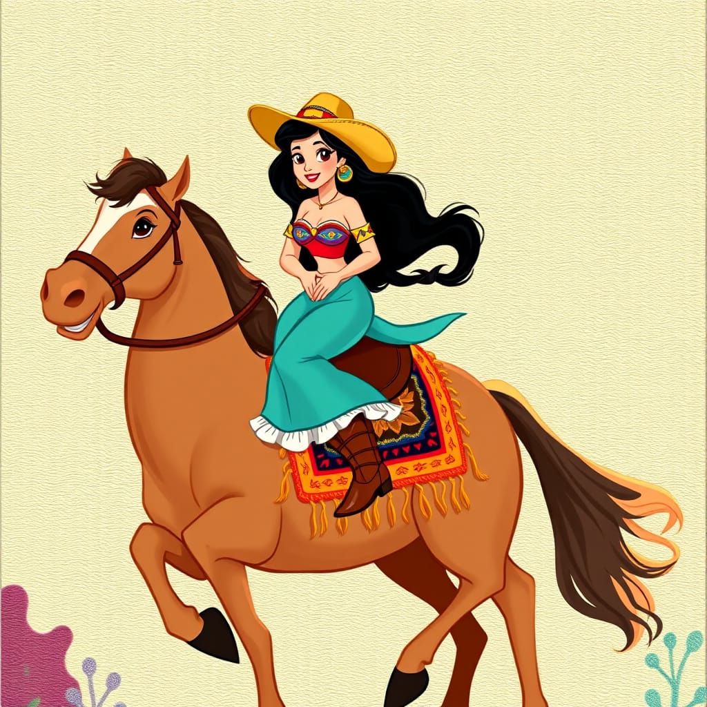 Jasmine Rides a Mustang in Disney Cartoon Style