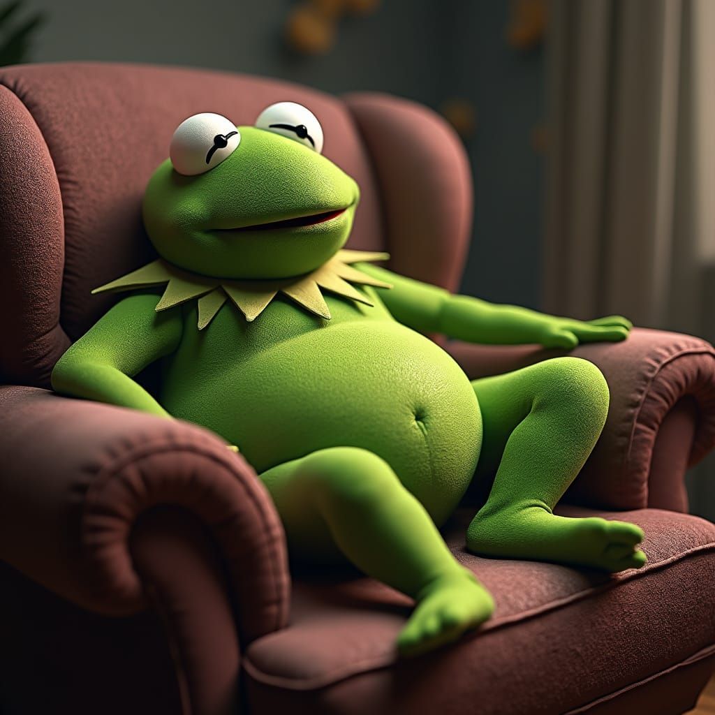 Kermit the Frog Lounging: Hyperrealistic Digital Art