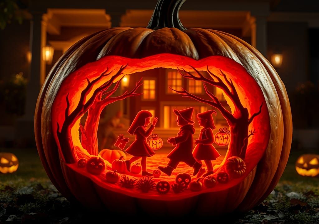 Intricately Carved Halloween Pumpkin Scene in 3D
