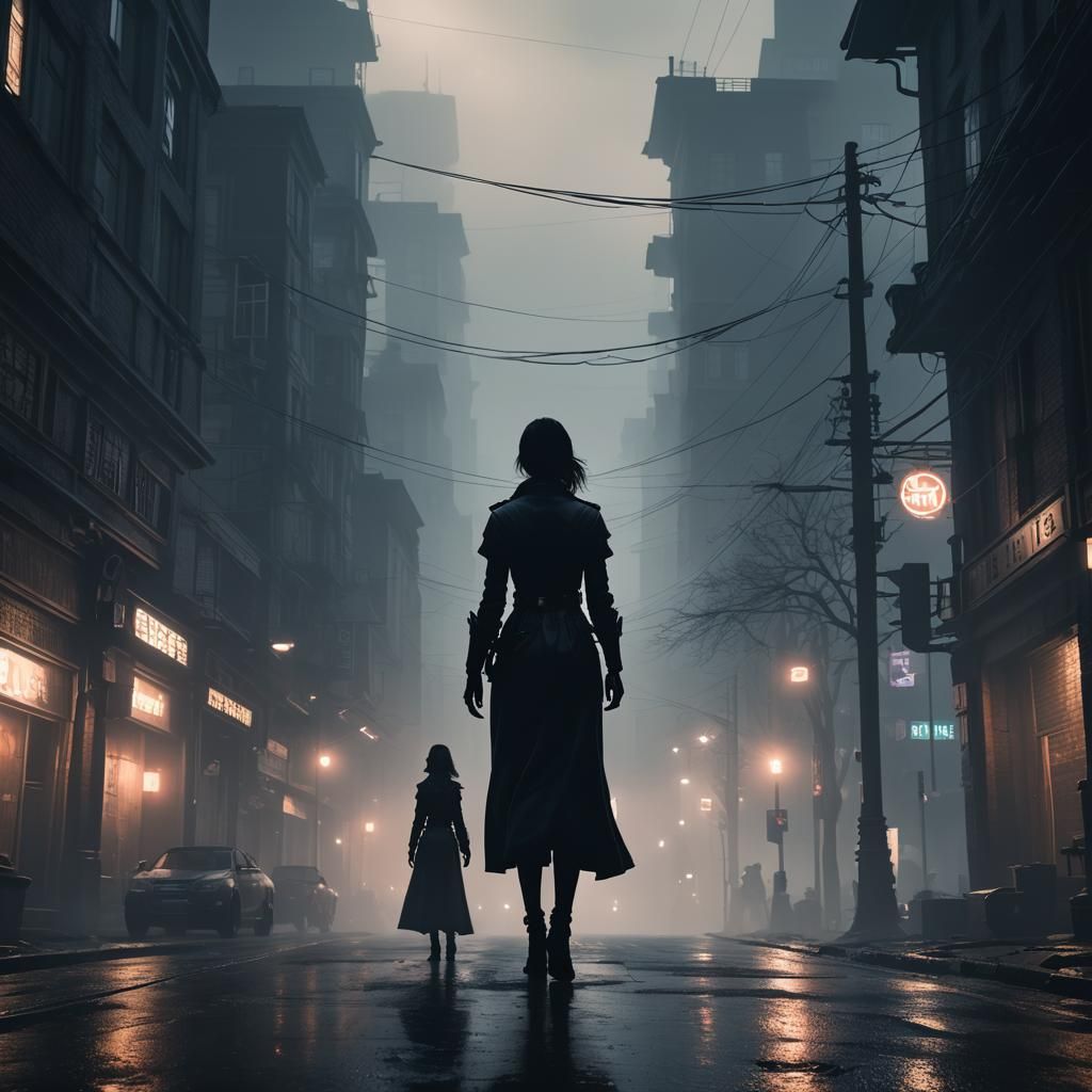 Dark Foggy Street with Woman: 3D Cinematic Art