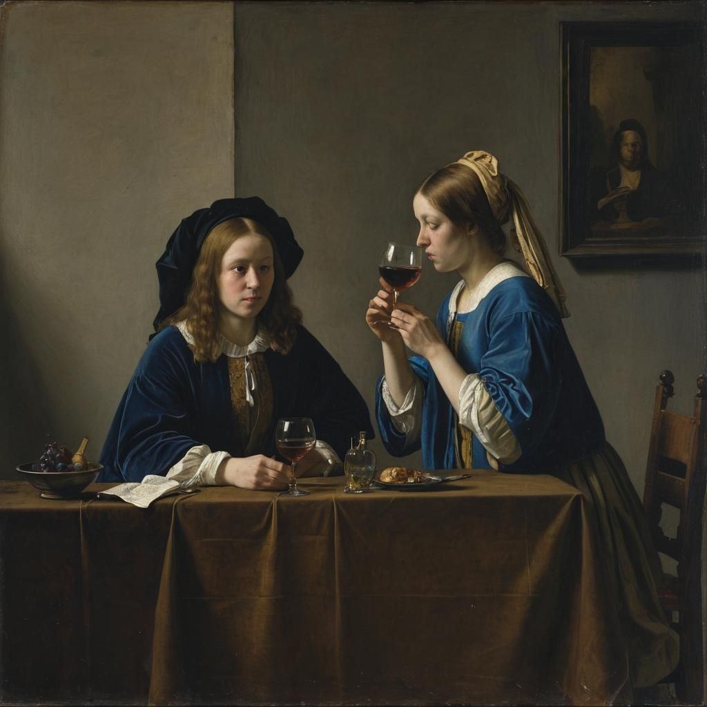 Vermeer-Style Image of a Woman and Man Drinking