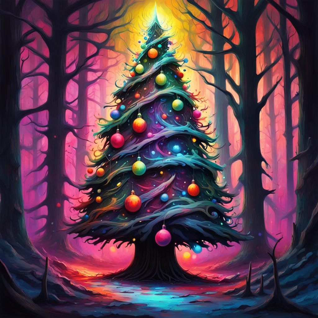 Weird Christmas Tree in Dark Forest: Graffiti Art