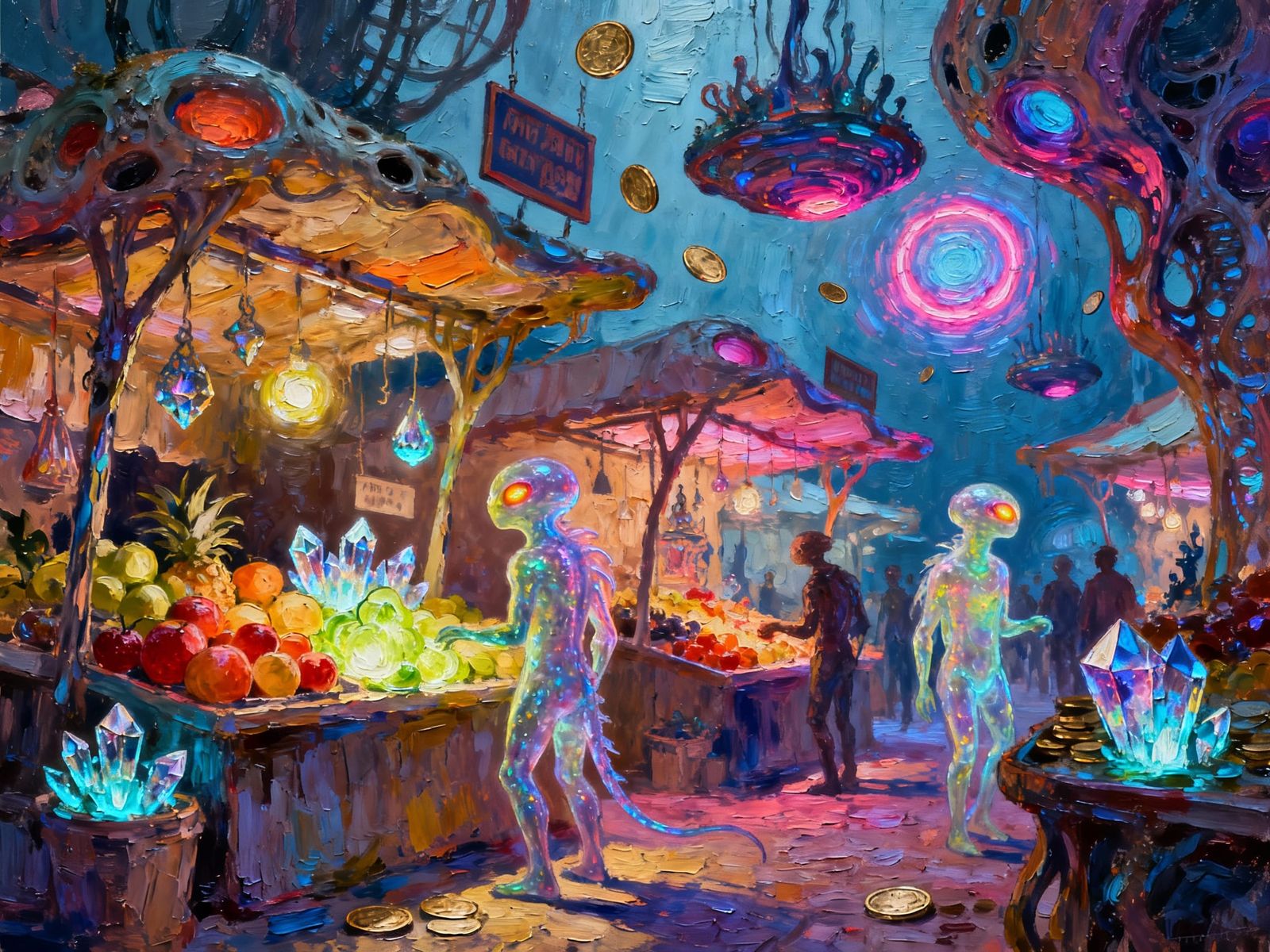 Bizarre Alien Market Scene in Impasto Style
