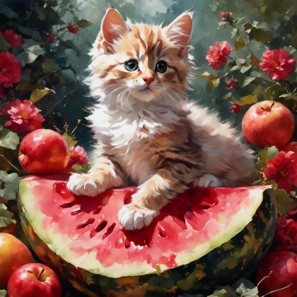 Cute Cat on Watermelon with Soft Textures