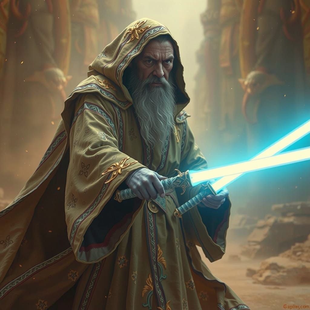 Mystical Wizard Wields Twin Magic Swords in Enchanted Realm
