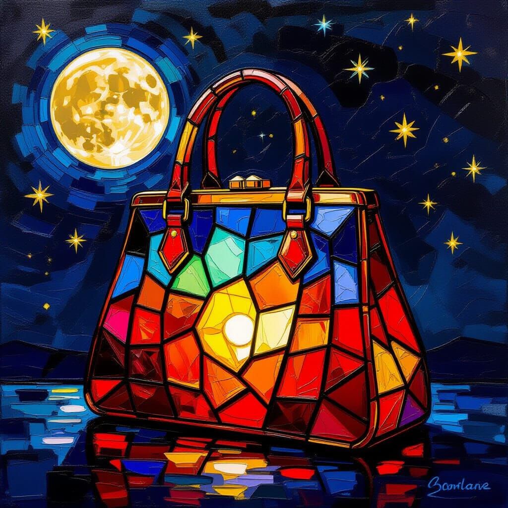 Whimsical Stained Glass Handbag Ornament Glowing in Night Sk...