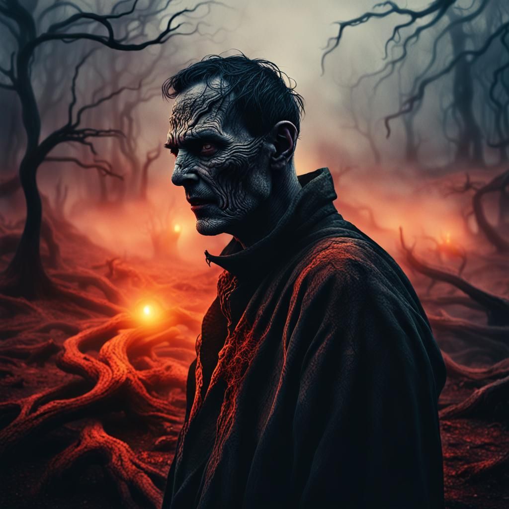 Surreal Desolate Landscape with Eerie Mist and Embers