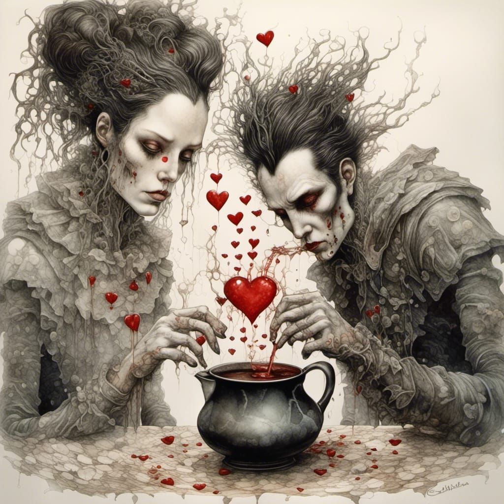 Noir-Style Broken Hearts in Watercolor and Ink