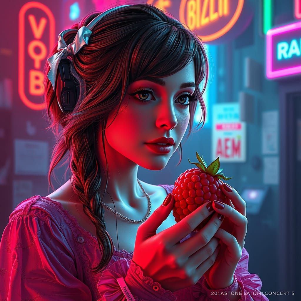 Retro-Futuristic Woman Receives a Vibrant Raspberry in a Sat...