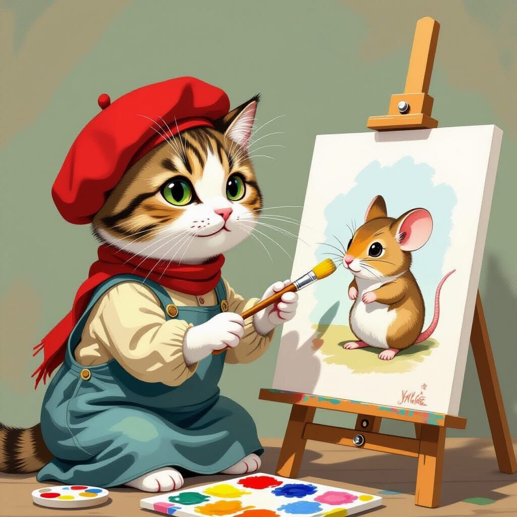 This whimsical image depicts a playful scene where a cat, ac...