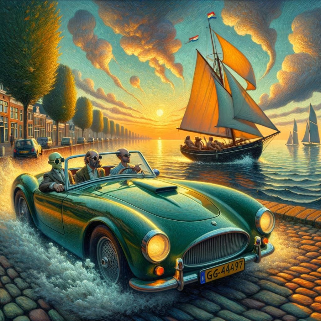 Sports Car and Sailboat at Sunset: Impressionistic Gouache