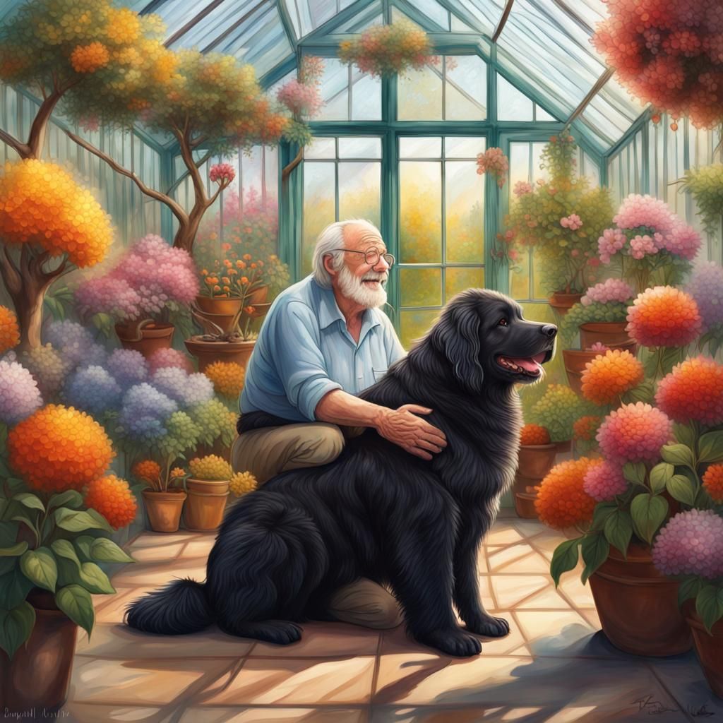 A old man sit in a greenhouse , a Newfoundland dog playing n...