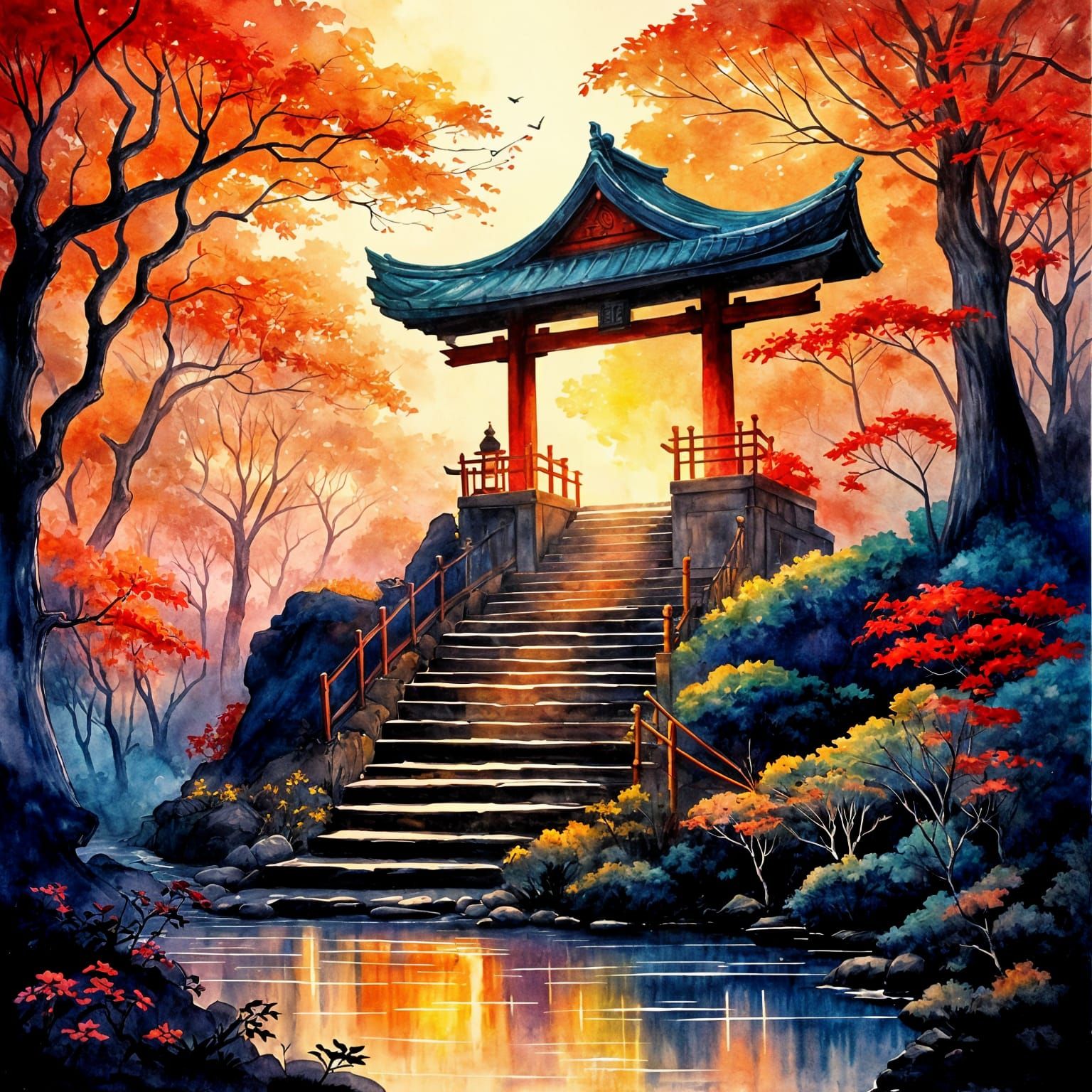 Mystical Japanese Temple Stairway at Night