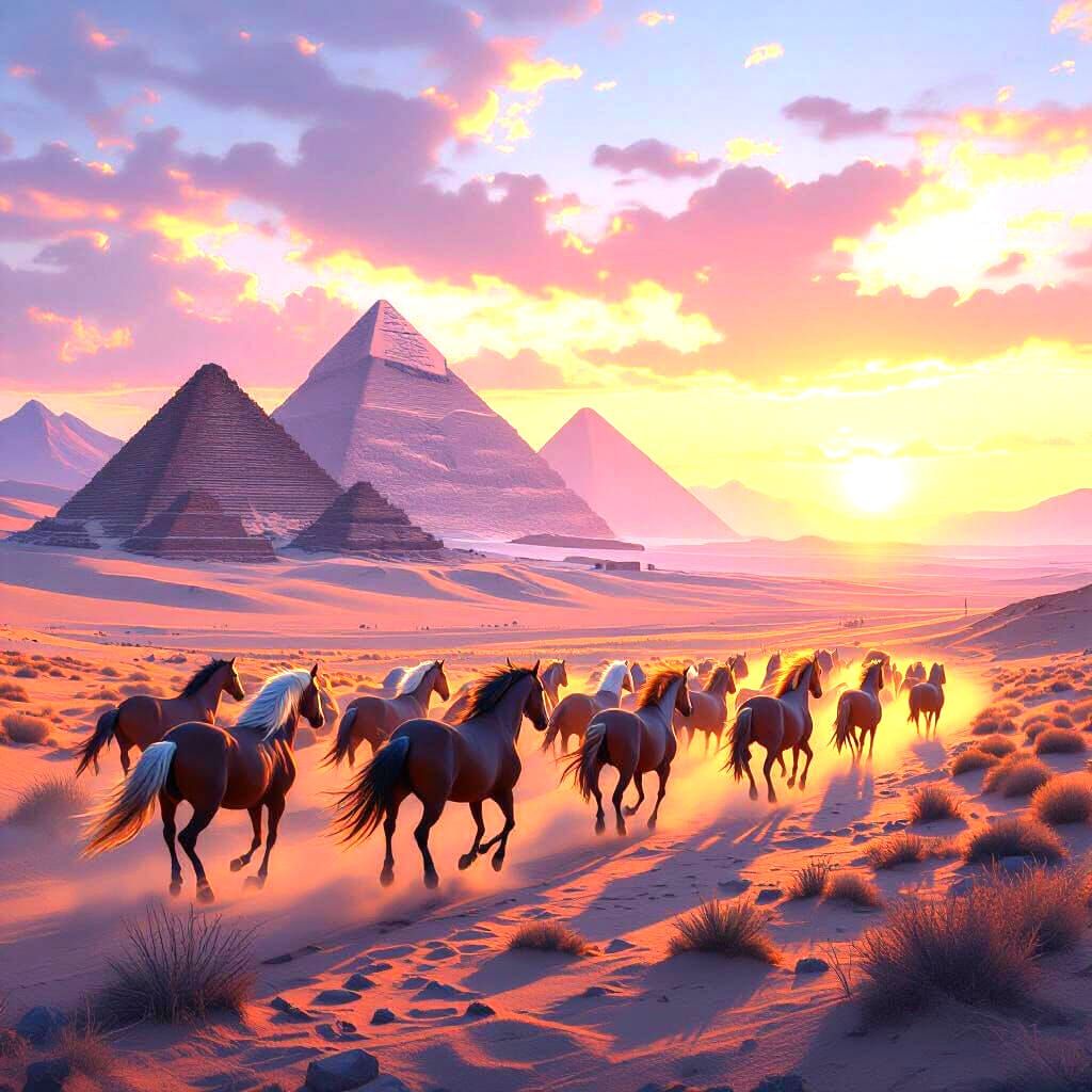 Wild Horses Gallop Across Desert Sunset Near Pyramids