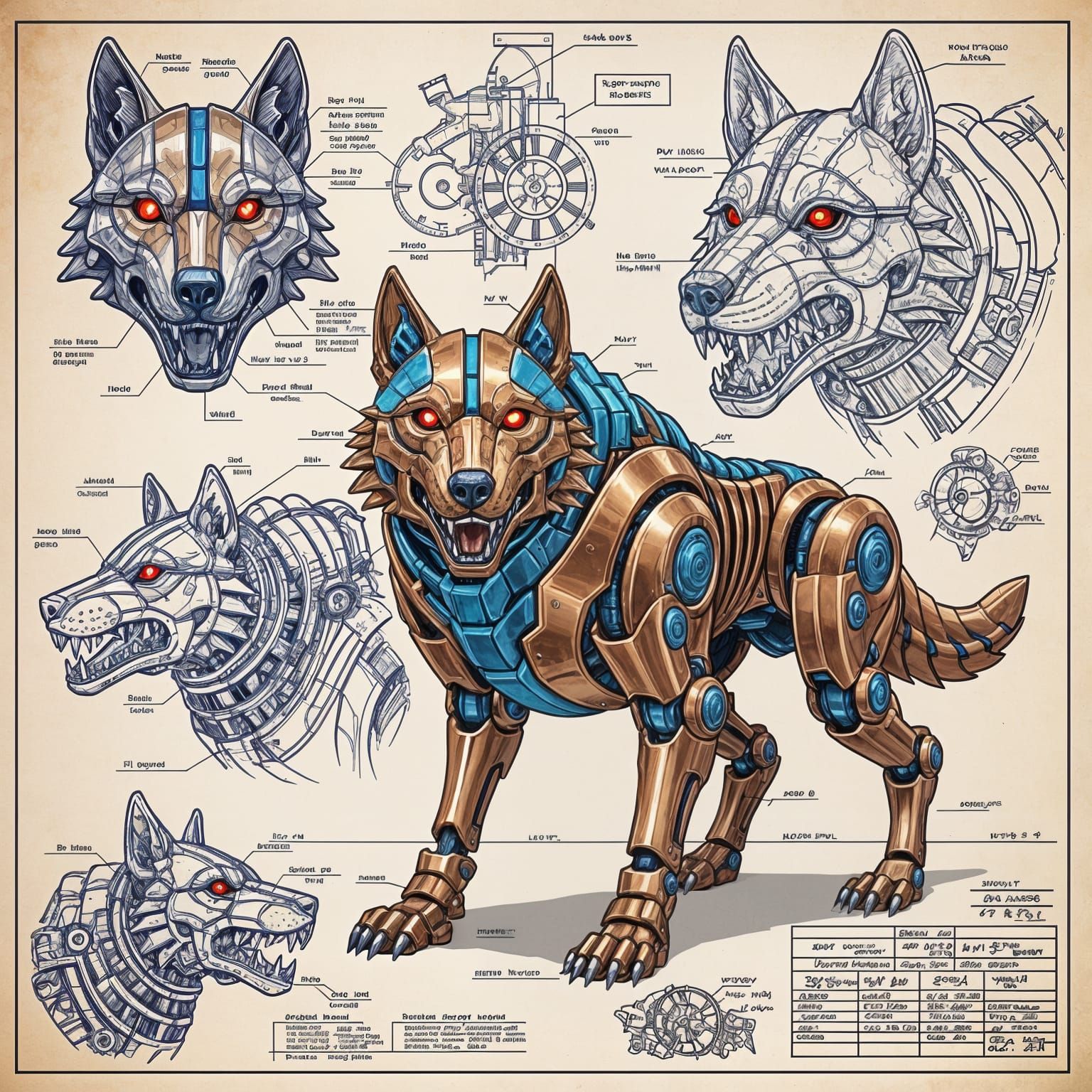 A magnificent mechanical wolf crafted from polished copper a...