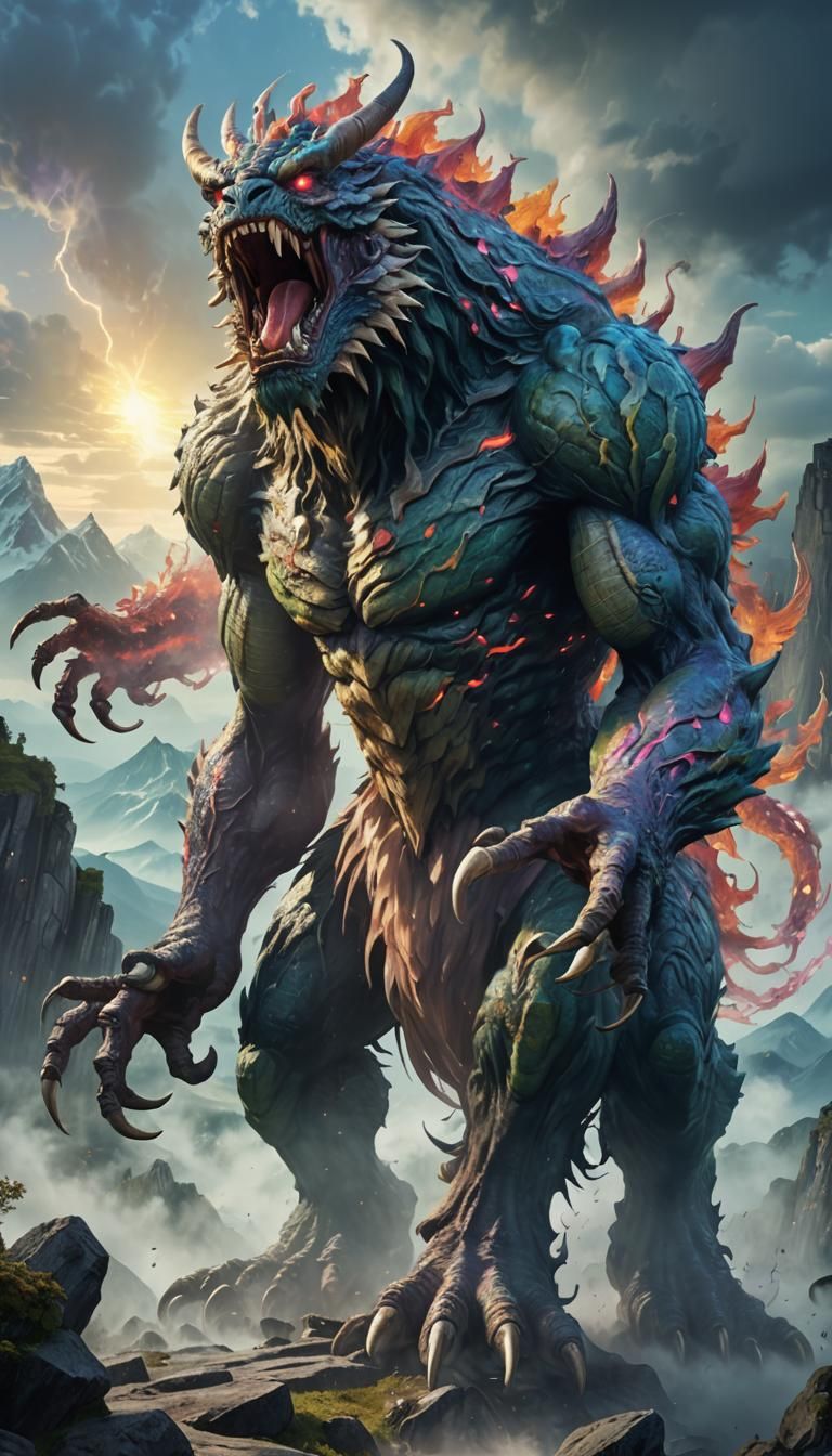 Gigantic Anime Monster Roaring in Misty Landscape