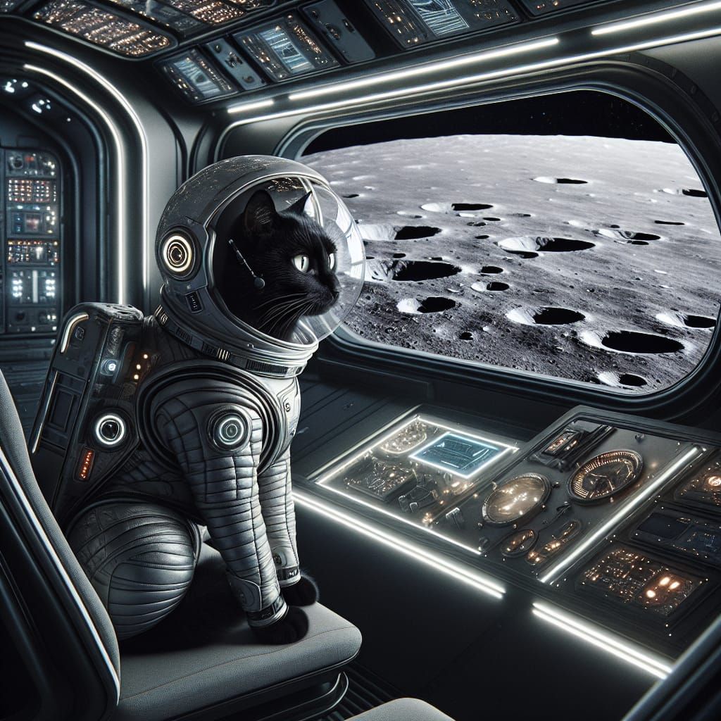 Cat Astronaut Gazing at the Moon in Spaceship