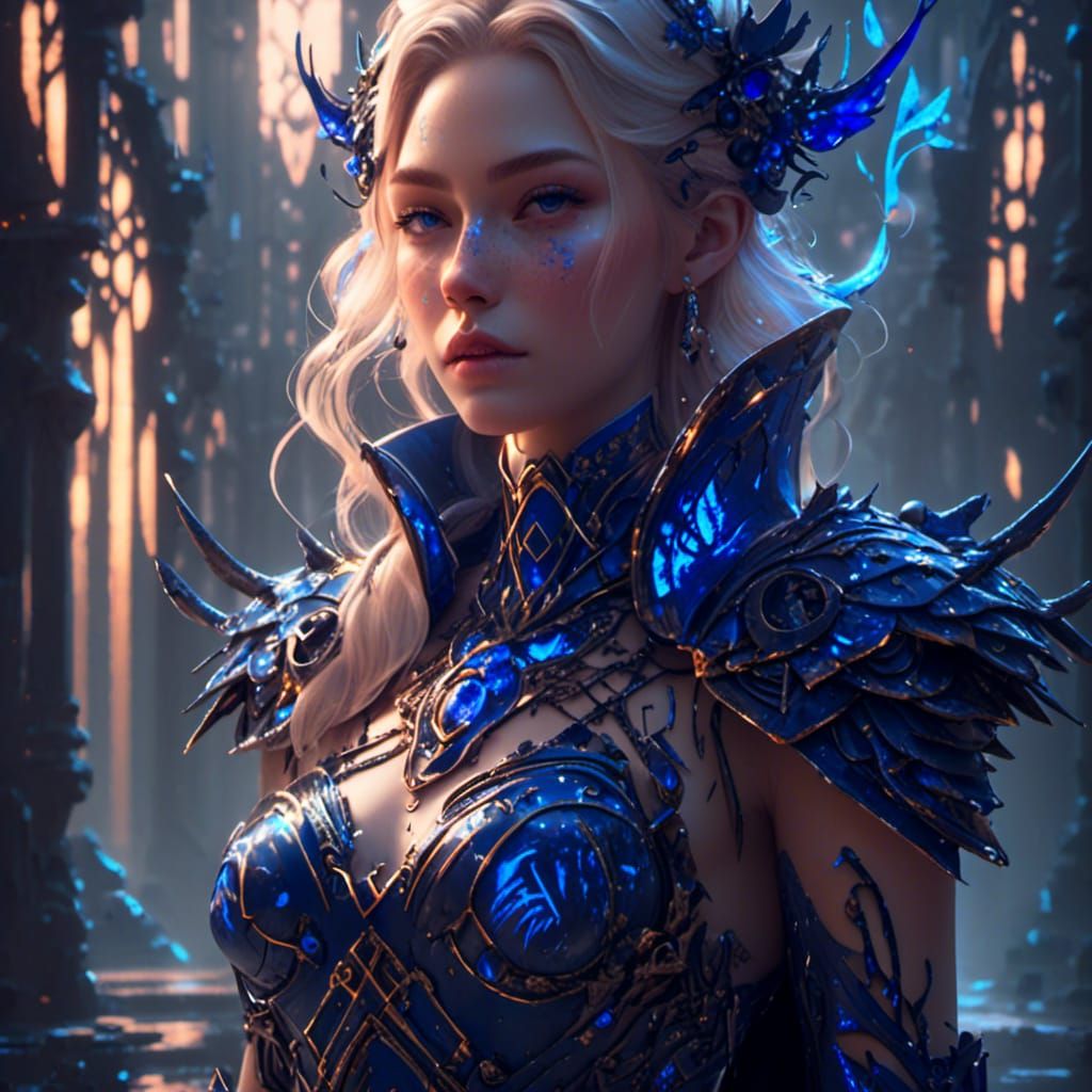 Sapphire Armored Woman with Glowing Runes