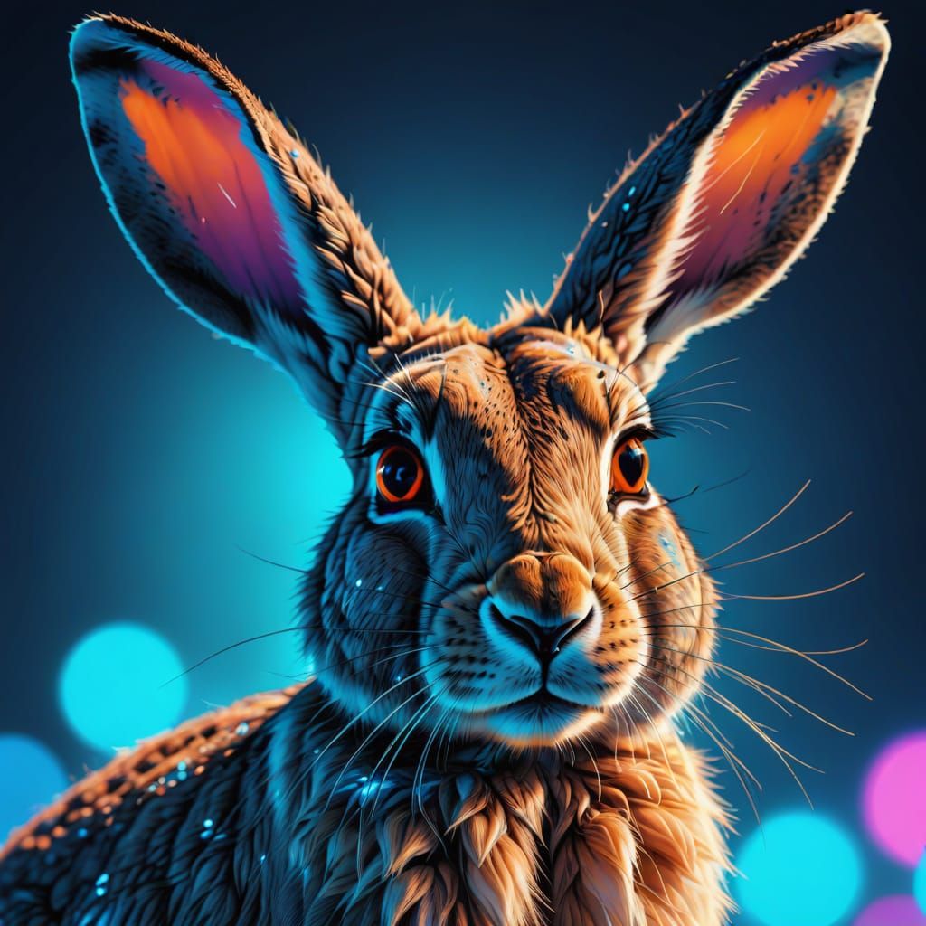 Hare with Glowing Ears in Neon Art Style