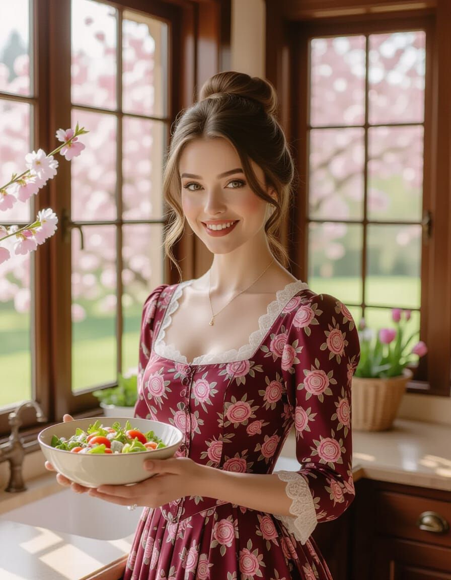 Victorian Woman Smiling in Luxurious Kitchen with Spring Blo...