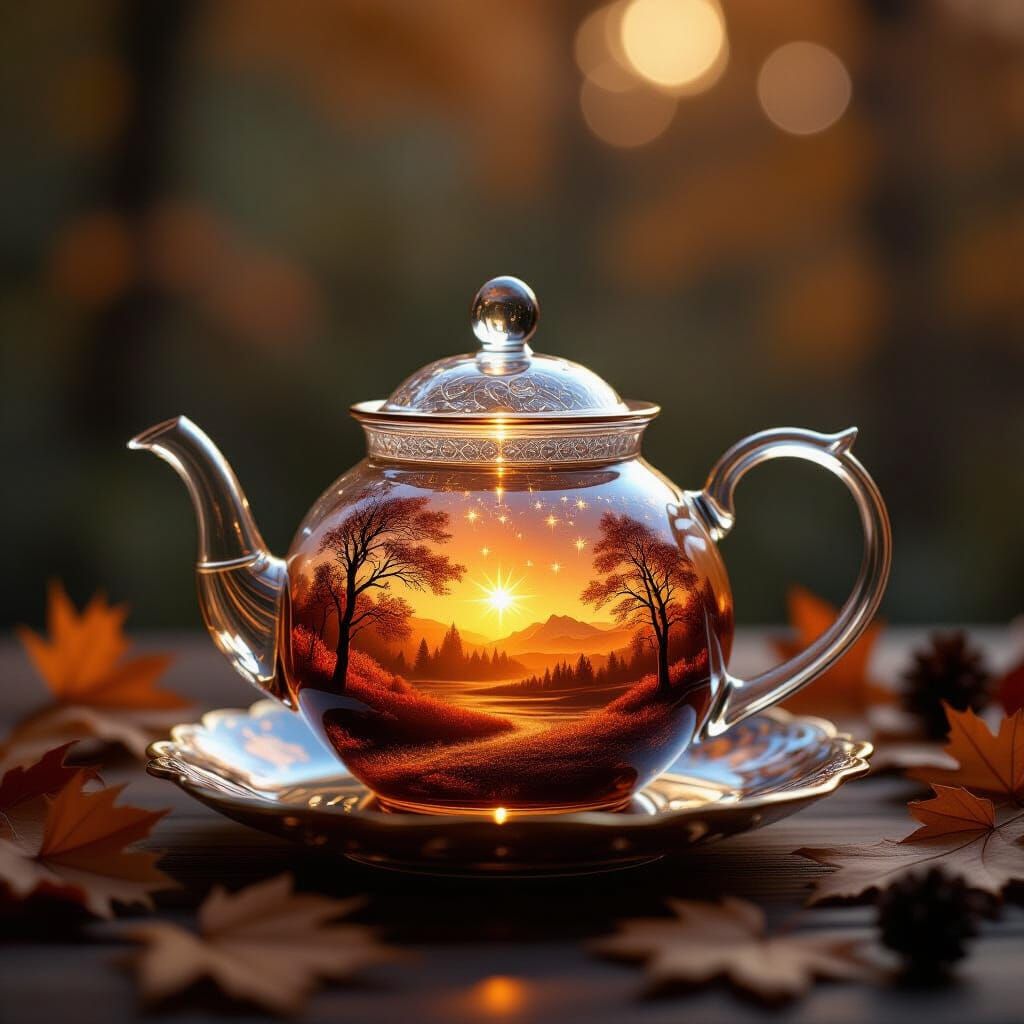 Starry Autumn Landscape Teapot: Hyperdetailed Fantasy