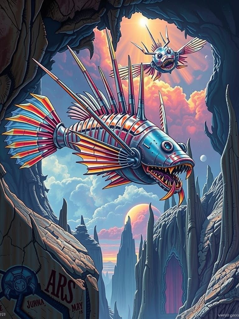 Majestic Lionfish Spaceship Cruises Through Surreal Landscap...