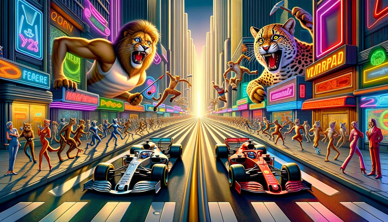 Futuristic Metropolis Grand Prix with Anthropomorphic Big Ca...