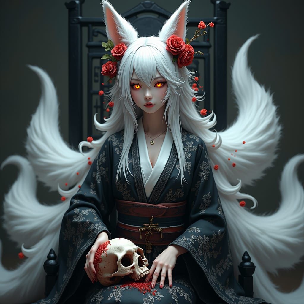 Kitsune Queen on Throne with Roses and Skull