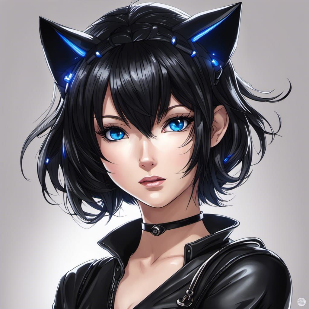 Anime Cat Girl Portrait with Sapphire Eyes