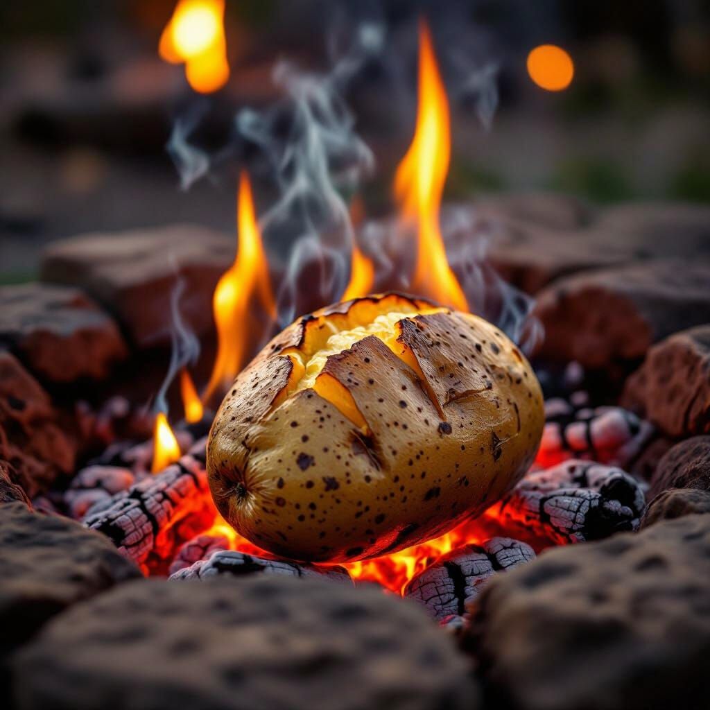Baked Potato in Glowing Fire Pit Embers