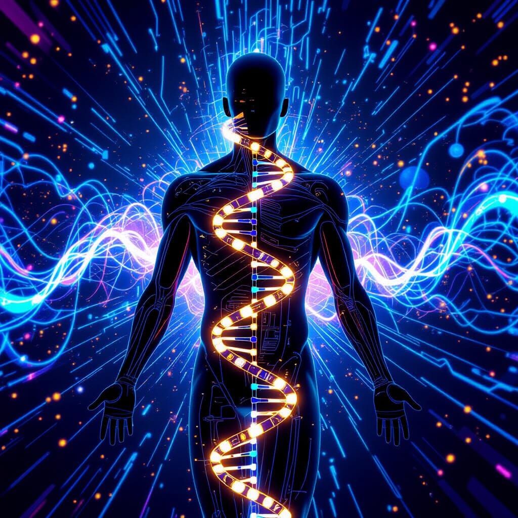 Human Consciousness DNA Helix in Energetic Sci-Fi Art