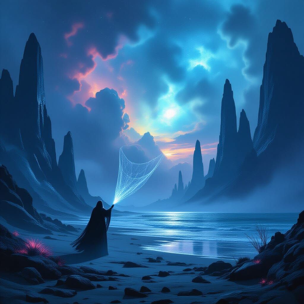 Alien Shoreline Figure Casting Net into Nebula Sky