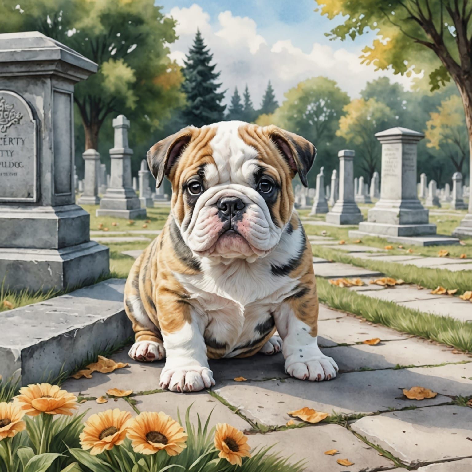Playful Puppy and Kitten in Cemetery, Watercolor Style