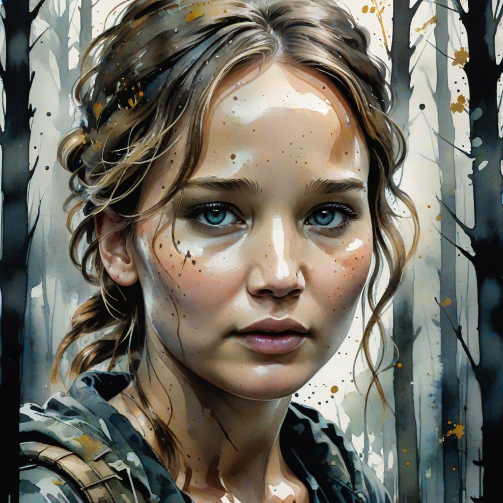 Jennifer Lawrence Silhouette in Dark Forest Watercolour