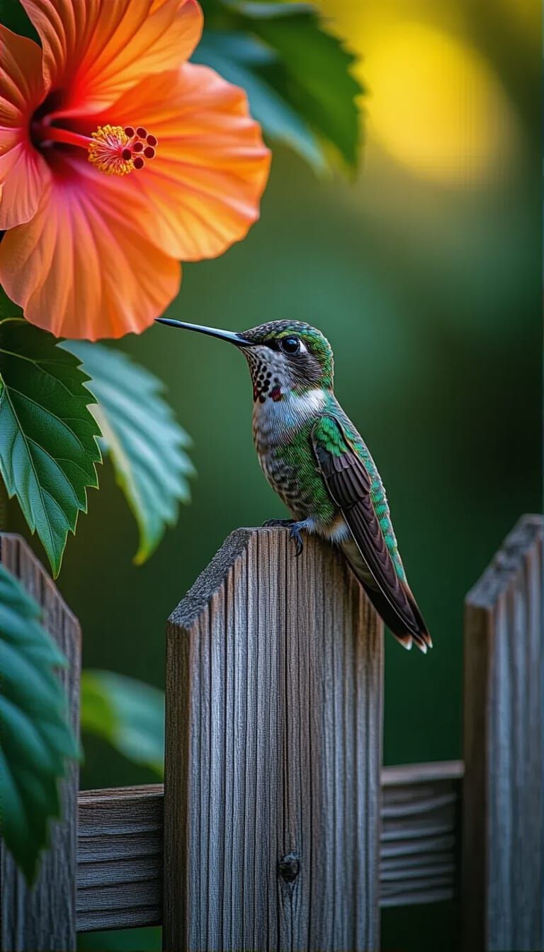 Hummingbird and Hibiscus in Hyperrealistic Portrait