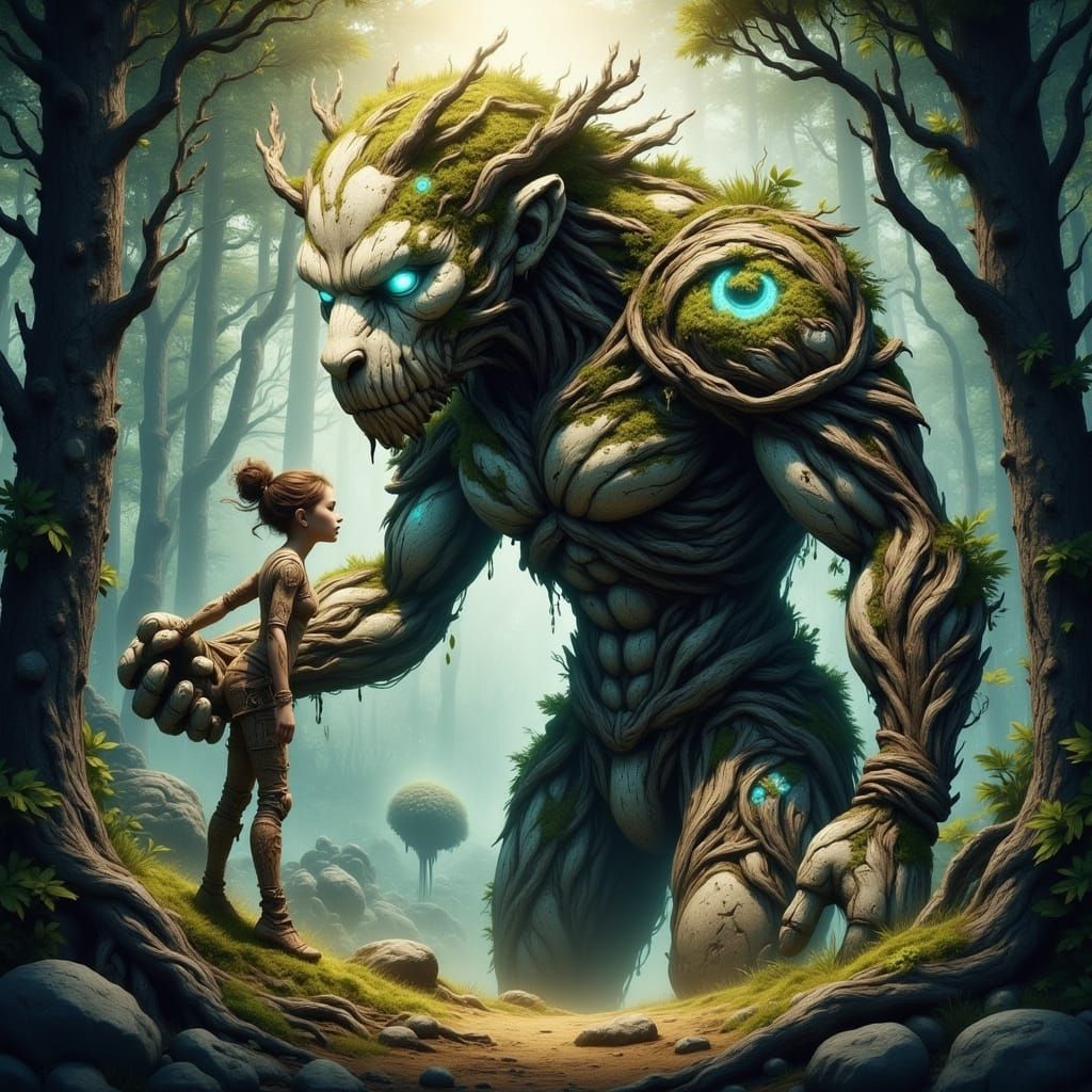 Giant of Earth and Moss Protects Girl in Misty Forest