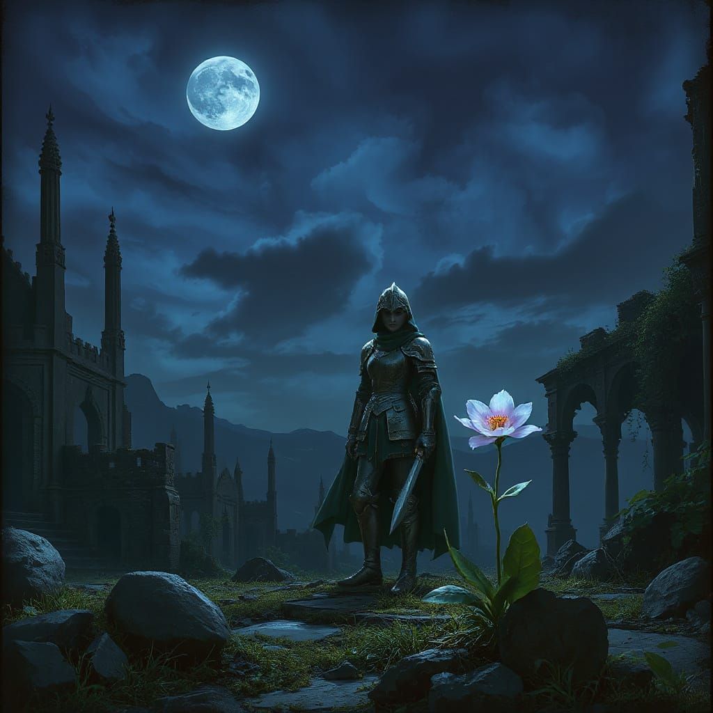 Knightess in Twilight Ruins with Bioluminescent Flower