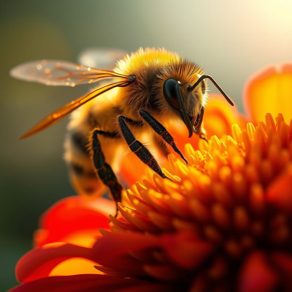 Bee Collecting Pollen: Hyperrealistic Macro Photography